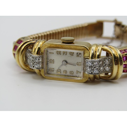 1444 - 18ct GOLD MOVEMENT WITH LATER 9ct STRAP HELBROS WATCH COMPANY COCKTAIL WATCH SET WITH RUBIES AND DIA... 