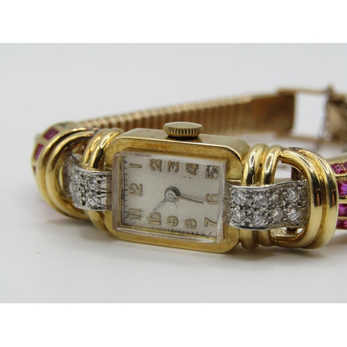 1444 - 18ct GOLD MOVEMENT WITH LATER 9ct STRAP HELBROS WATCH COMPANY COCKTAIL WATCH SET WITH RUBIES AND DIA... 