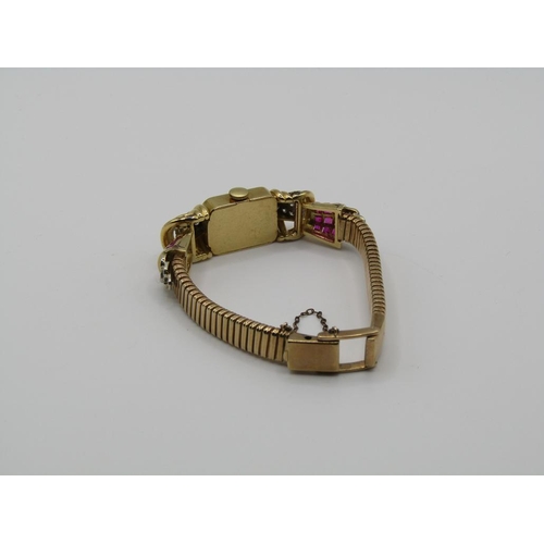 1444 - 18ct GOLD MOVEMENT WITH LATER 9ct STRAP HELBROS WATCH COMPANY COCKTAIL WATCH SET WITH RUBIES AND DIA... 