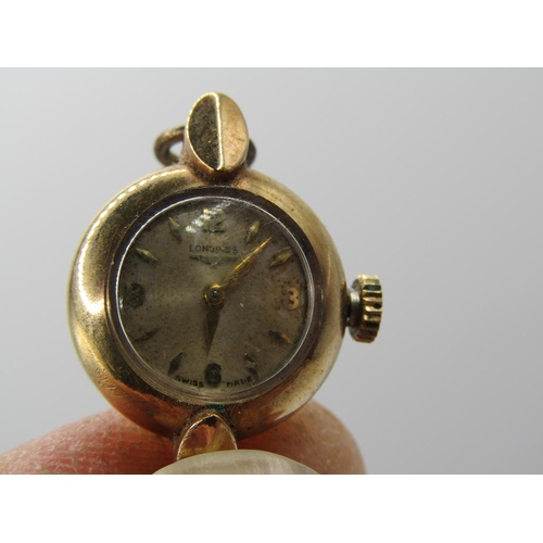 1446 - 9ct GOLD CASED LADIES LONGINES WATCH ON A BLACK LEATHER STRAP