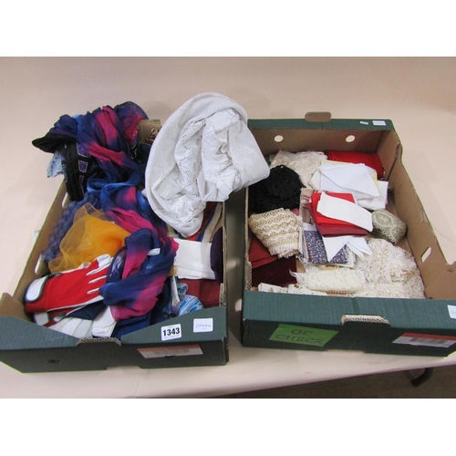 1343 - TWO BOXES OF MISC. COSTUME, MATERIAL ETC