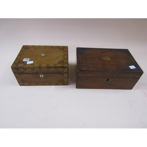 1344 - VICTORIAN TUNBRIDGE BANDED NEEDLEWORK BOX; EARLY 19C WRITING BOX