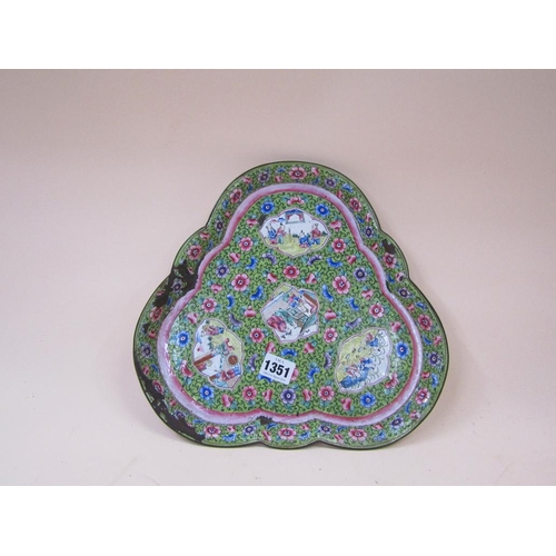 1351 - EARLY 19C ORIENTAL ENAMEL QUATREFOIL SHAPE DISH, A/F