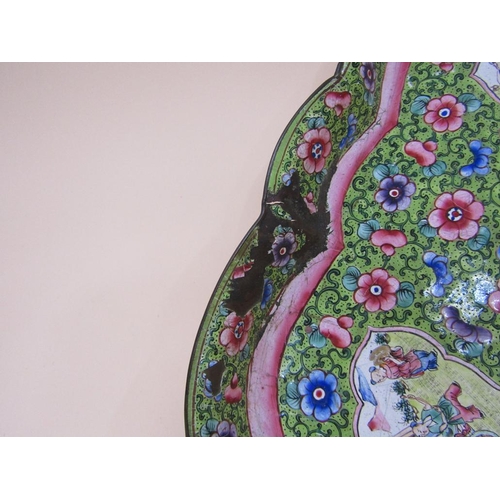 1351 - EARLY 19C ORIENTAL ENAMEL QUATREFOIL SHAPE DISH, A/F