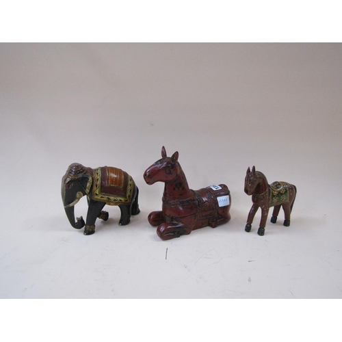 1357 - ORIENTAL CARVED WOOD LACQUERED HORSE BOX; PONY FIGURE; CEREMONIAL ELEPHANT