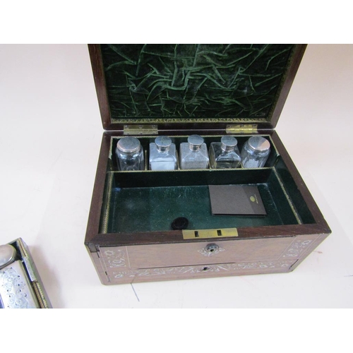 1365 - PEARL INLAID TRAVELLING BOX FITTED WITH SILVER PLATE TOP BOTTLES AND CONTAINERS