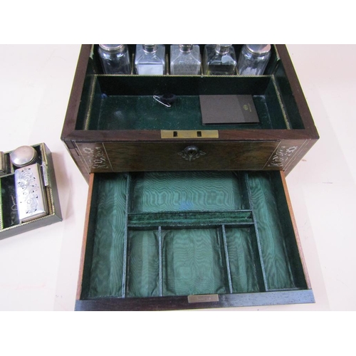 1365 - PEARL INLAID TRAVELLING BOX FITTED WITH SILVER PLATE TOP BOTTLES AND CONTAINERS
