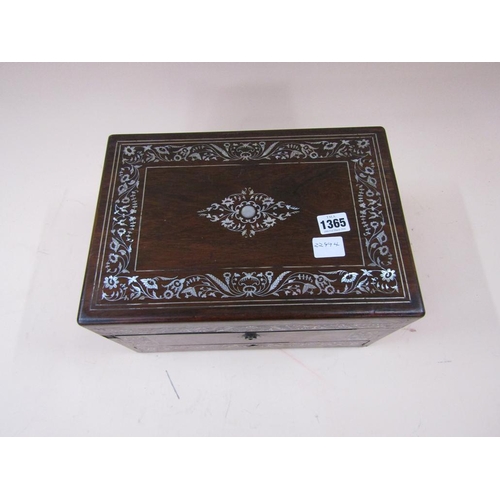 1365 - PEARL INLAID TRAVELLING BOX FITTED WITH SILVER PLATE TOP BOTTLES AND CONTAINERS