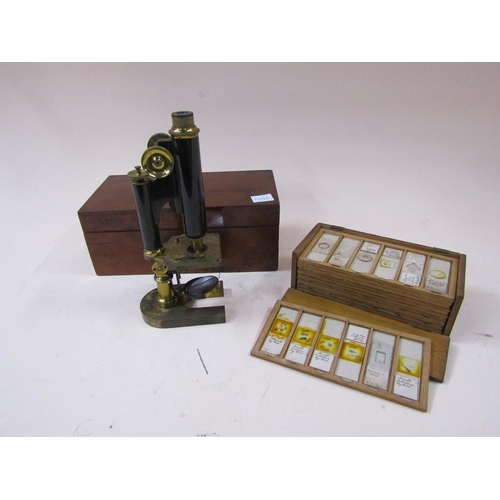 1368 - EDWARDIAN STUDENTS R&J BECK MICROSCOPE; BOX OF SLIDES