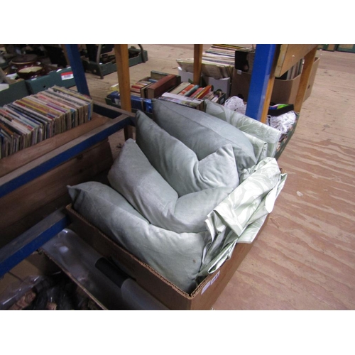 244 - BOX OF CUSHIONS, SHOWER CURTAINS