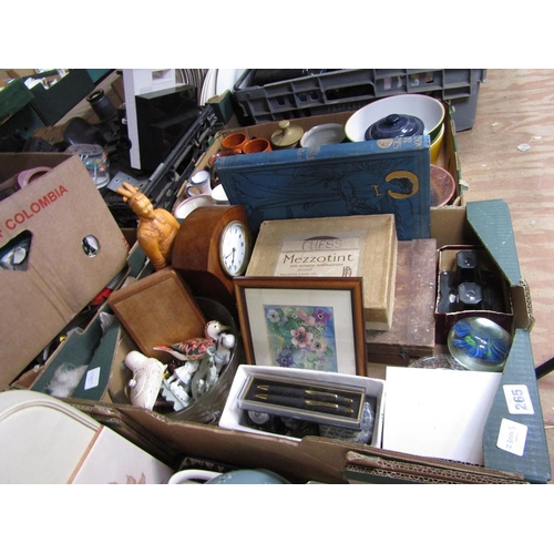 265 - BOX OF MISC TO INCL CLOCK, BOOK, CHINA ETC