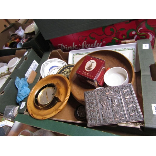 270 - BOX TO INCL WOODEN BOWLS, CHINA, CLOCK ETC