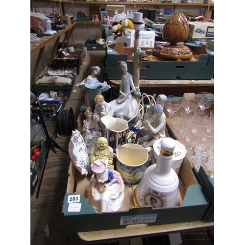 283 - BOX OF FIGURINES, BELLS DECANTER ETC