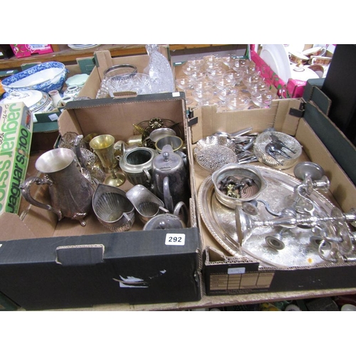 292 - TWO BOXES OF SILVER PLATE AND BRASSWARE