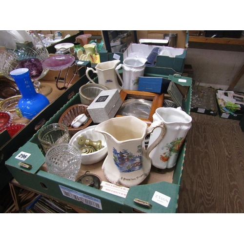 296 - BOX OF SILVER PLATE, JELLY MOULDS, GLASSWARE ETC