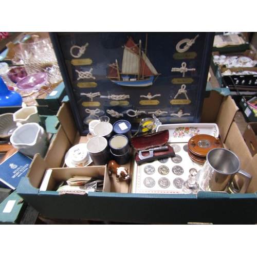 297 - BOX OF MISC TO INCL KNOT PICTURE, FISHING REEL, TANKARD ETC