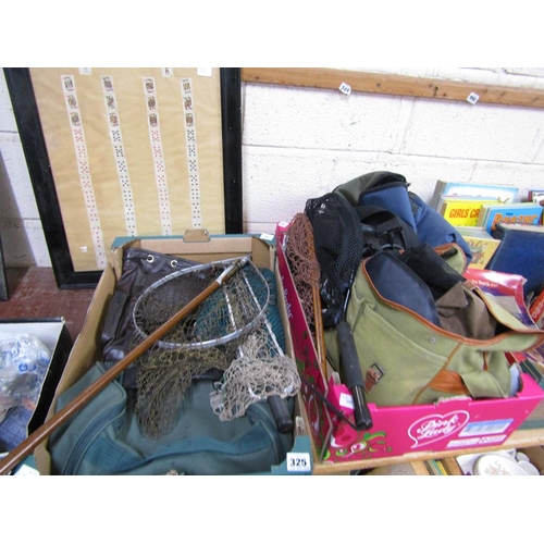 325 - TWO BOXES OF FISHING EQUIPMENT AND BAGS
