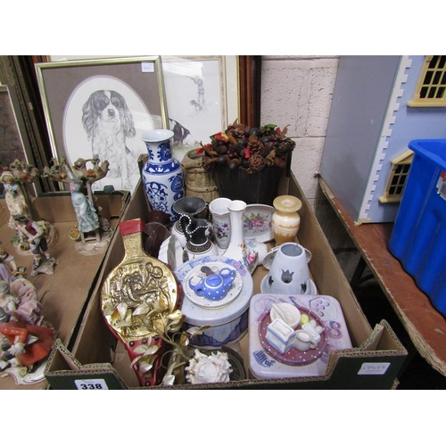 338 - BOX OF MIXED CHINA AND BELLOWS