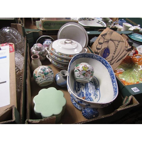 303 - BOX OF CERAMICS TO INCL B&W TUREEN, ORIENTAL ETC
