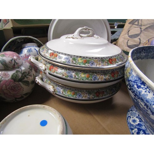 303 - BOX OF CERAMICS TO INCL B&W TUREEN, ORIENTAL ETC