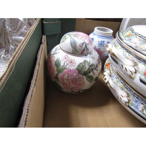 303 - BOX OF CERAMICS TO INCL B&W TUREEN, ORIENTAL ETC