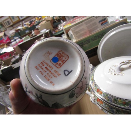 303 - BOX OF CERAMICS TO INCL B&W TUREEN, ORIENTAL ETC