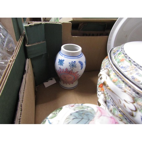 303 - BOX OF CERAMICS TO INCL B&W TUREEN, ORIENTAL ETC
