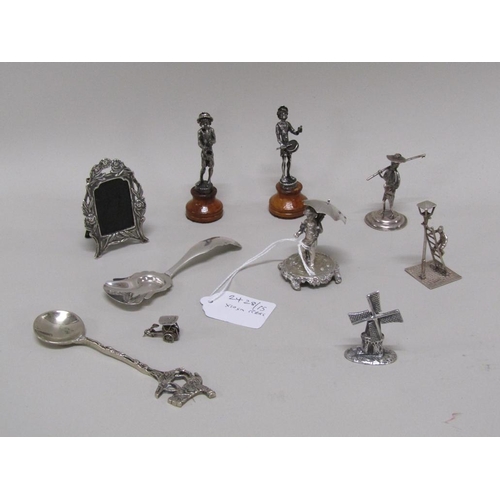 BOX OF SILVER AND WHITE METAL FIGURES, FRAMES, SPOONS ETC