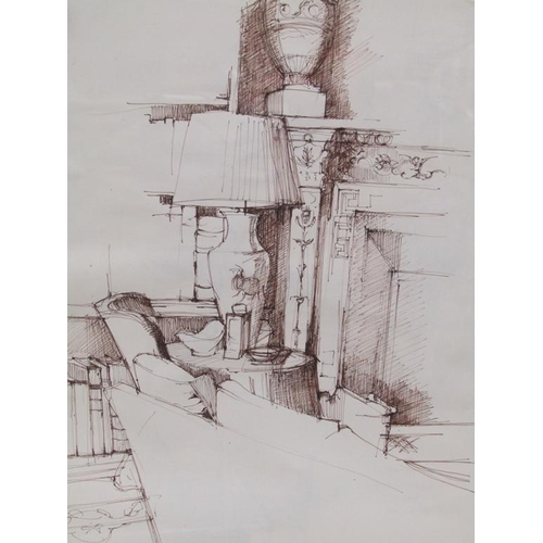 1287 - DIANA WILKINSON - FRAMED PEN AND INK COLOUR WASH, THE TABLE LAMP