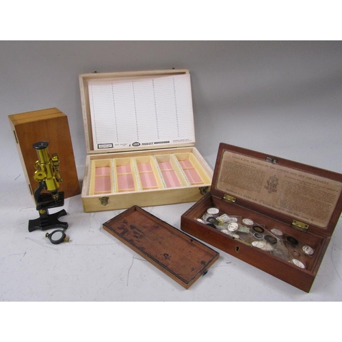 MICROSCOPE IN BOX, BOX OF MICROSCOPE SLIDES, SLIDE BOX (EMPTY)