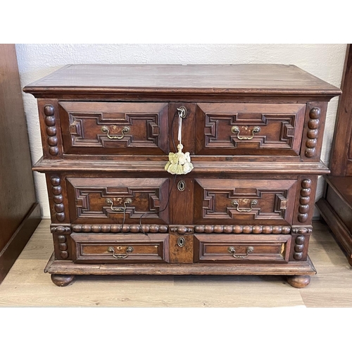 1034 - Antique 18th century Spanish two piece chest, fitted with three drawers, with applied geometric pane... 