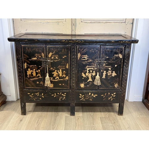 1065 - Antique Chinese black lacquer and decorated four door cabinet, 127 cm wide x 86.5 cm high 44 cm dept... 