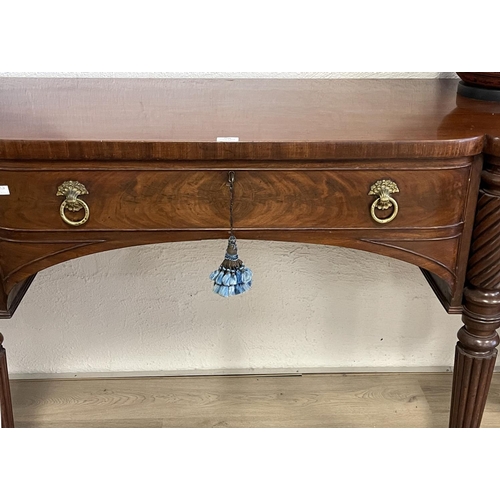 1029 - Fine quality antique mid 19th century mahogany sideboard, six turned spiral and fluted tapering legs... 
