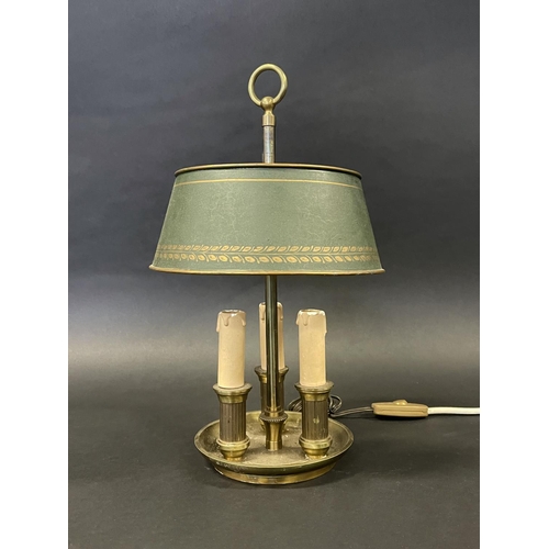 1133 - French brass three light briolette lamp, approx 39cm H