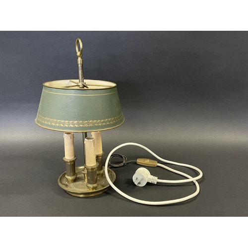 1133 - French brass three light briolette lamp, approx 39cm H