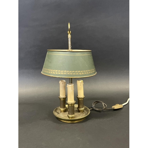 1133 - French brass three light briolette lamp, approx 39cm H