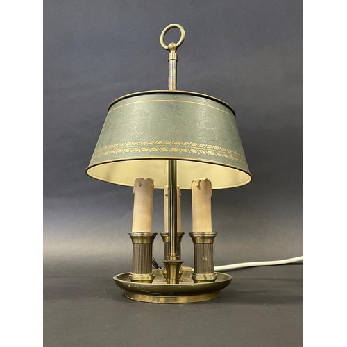 1133 - French brass three light briolette lamp, approx 39cm H