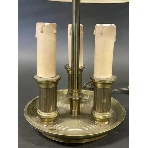 1133 - French brass three light briolette lamp, approx 39cm H