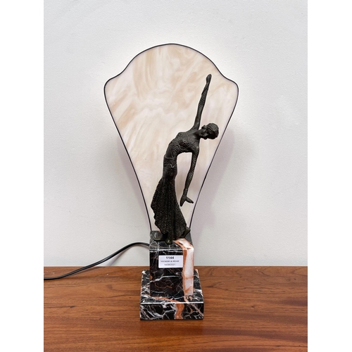 1144 - Art Deco style bronze and marble dancer light, approx 42cm H