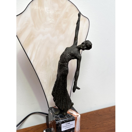 1144 - Art Deco style bronze and marble dancer light, approx 42cm H
