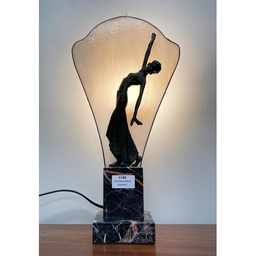 1145 - Art Deco style bronze and marble dancer light, approx 42cm H