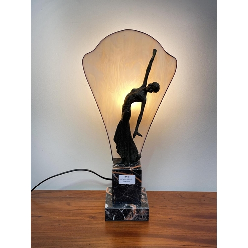 1145 - Art Deco style bronze and marble dancer light, approx 42cm H