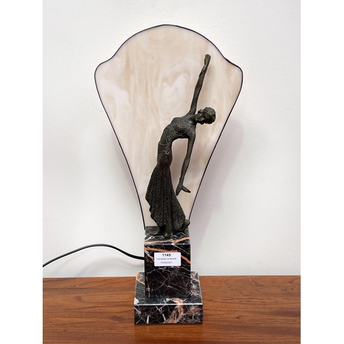 1145 - Art Deco style bronze and marble dancer light, approx 42cm H