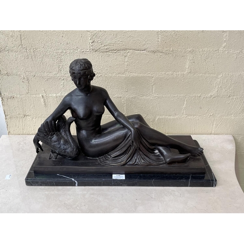 1146 - Large Bronze figure group of Leda and the swan, marble base, approx 38cm H x 59cm W