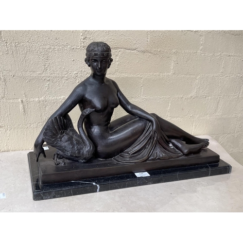 1146 - Large Bronze figure group of Leda and the swan, marble base, approx 38cm H x 59cm W