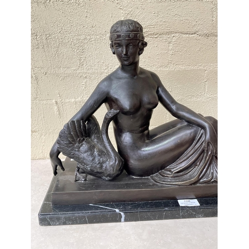 1146 - Large Bronze figure group of Leda and the swan, marble base, approx 38cm H x 59cm W