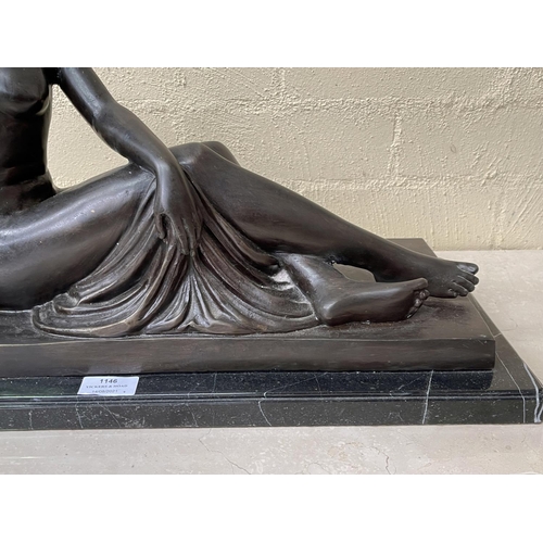 1146 - Large Bronze figure group of Leda and the swan, marble base, approx 38cm H x 59cm W