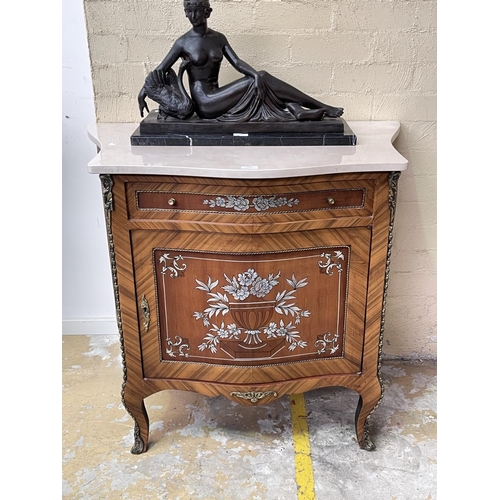 1147 - Antique style shaped front stone topped side cabinet, painted decoration, approx 87cm H x 95cm W x 5... 
