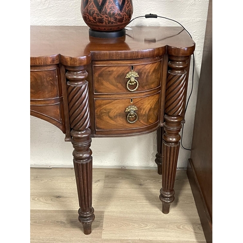 1029 - Fine quality antique mid 19th century mahogany sideboard, six turned spiral and fluted tapering legs... 