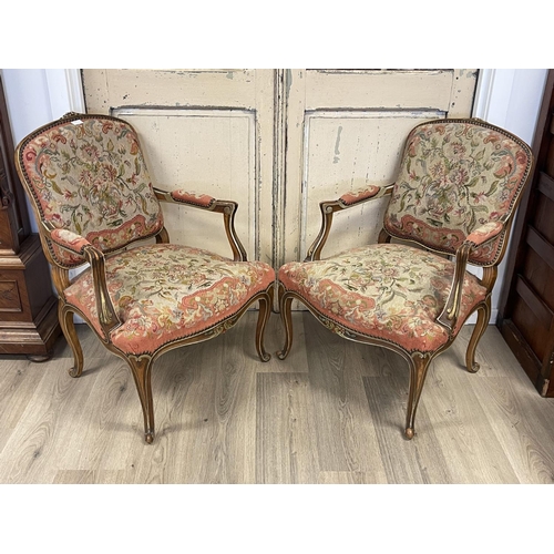 1070 - Pair of antique French Louis XV revival armchairs, studded tapestry upholstery (2)